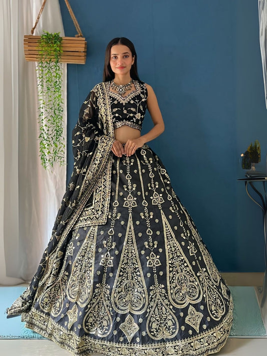Odette Black Silk Blend Embroidered Semi-Stitched lehenga For Women
