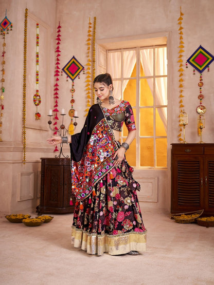 Odette Black Cotton Blend Embroidered Semi-Stitched Lehenga For Women