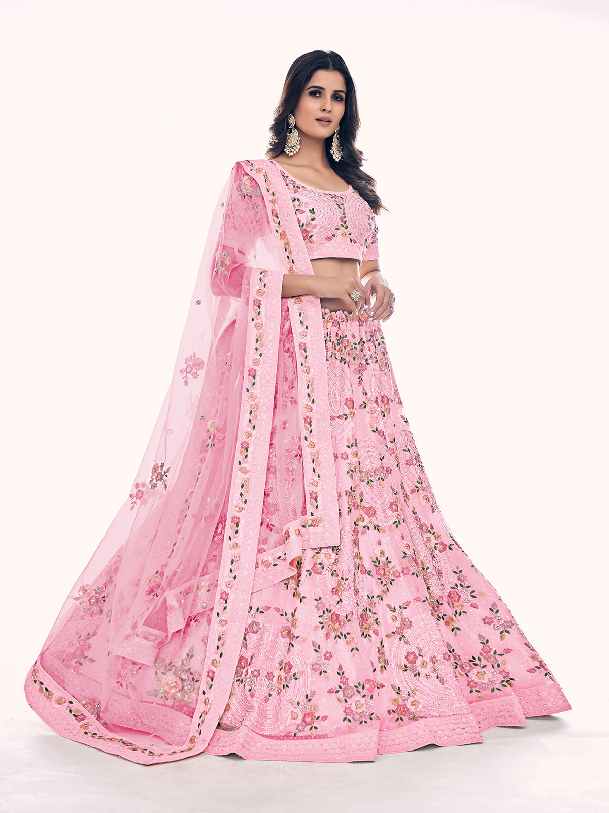 Odette Pink Embroidered Soft Net Semi Stitched Lehenga With Blouse For Women