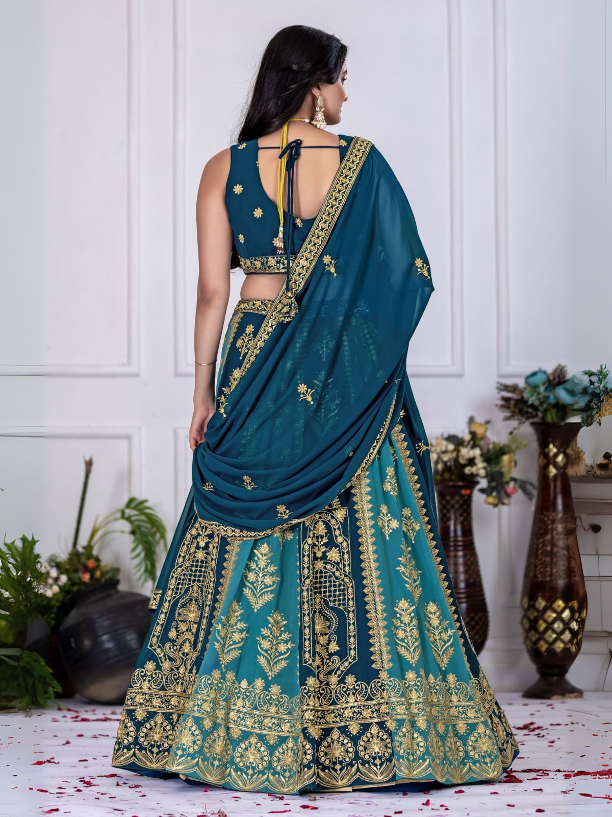 Odette Blue And Teal Georgette Embroidered Semi-Stitched lehenga For Women
