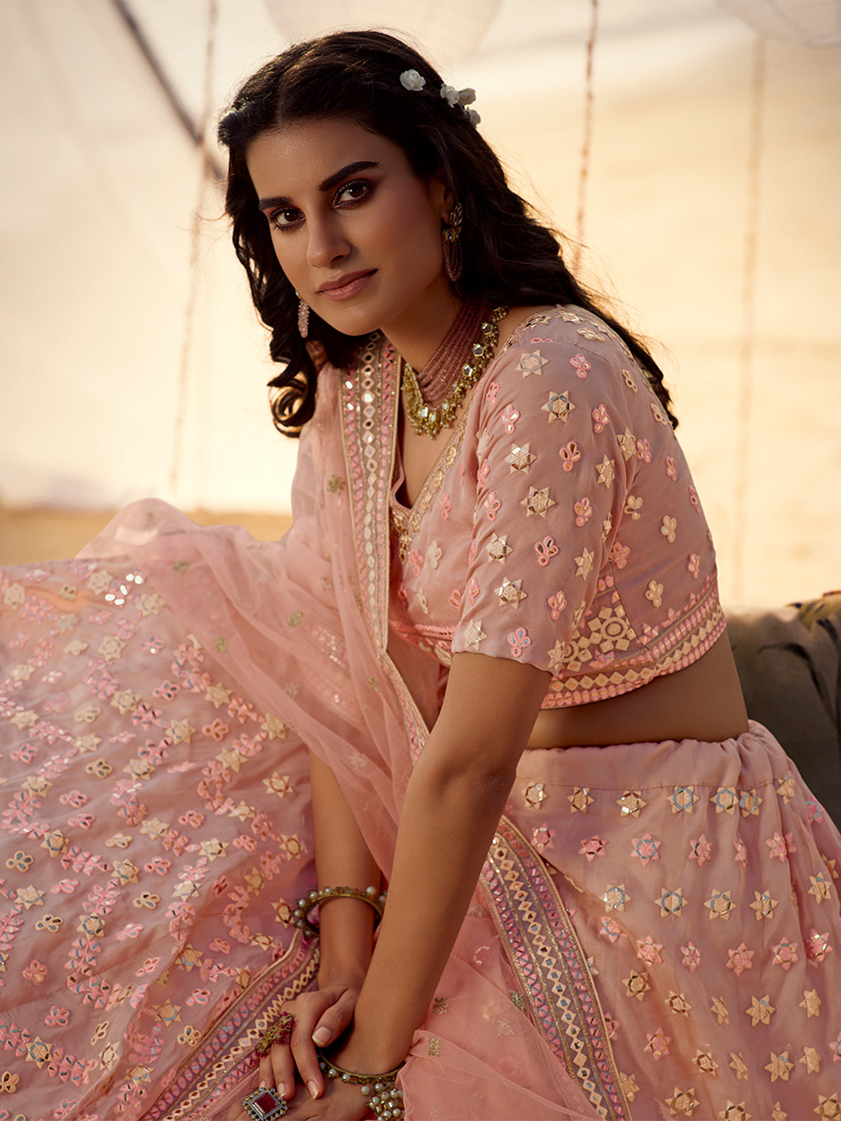 Odette Peach Embroidered Organza Semi Stitched Lehenga With Blouse For Women