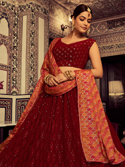 Odette Women Stylish Maroon Embroidered Georgette Semi Stitched Lehenga With Blouse Piece