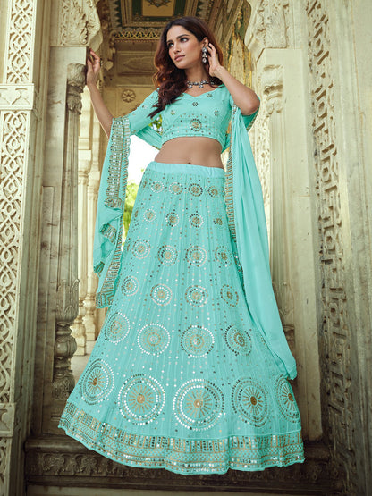Odette Sea Green Embellished Georgette Semi Stitched Lehenga With Blouse For Women