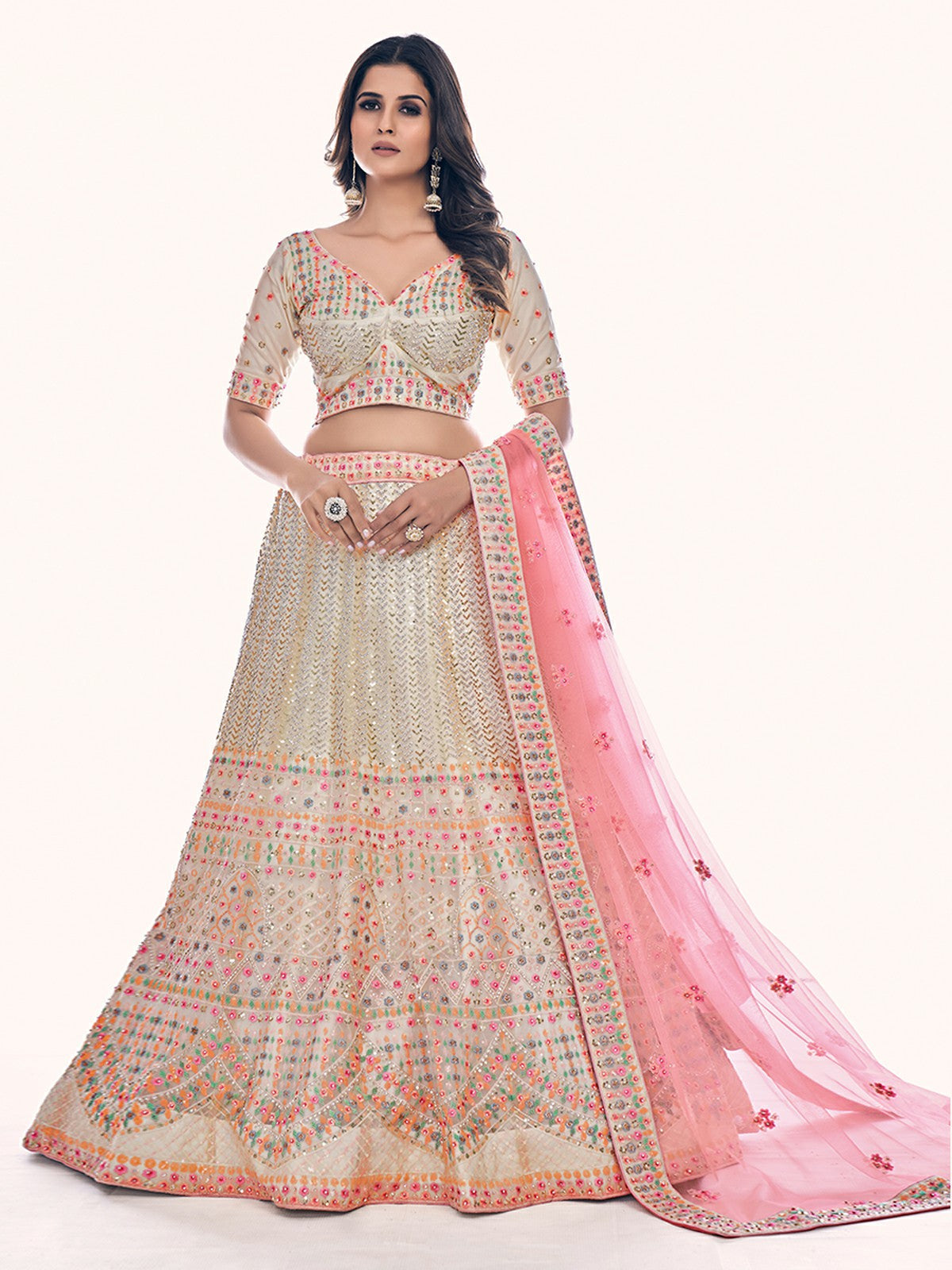 Odette Off White Embroidered Soft Net Semi Stitched Lehenga With Blouse For Women