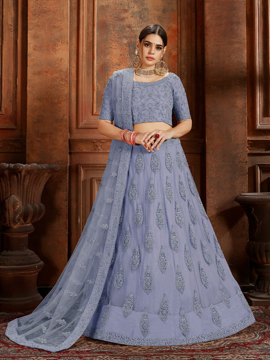 Odette Blue Embroidered Soft Net Semi Stitched Lehenga With Blouse For Women