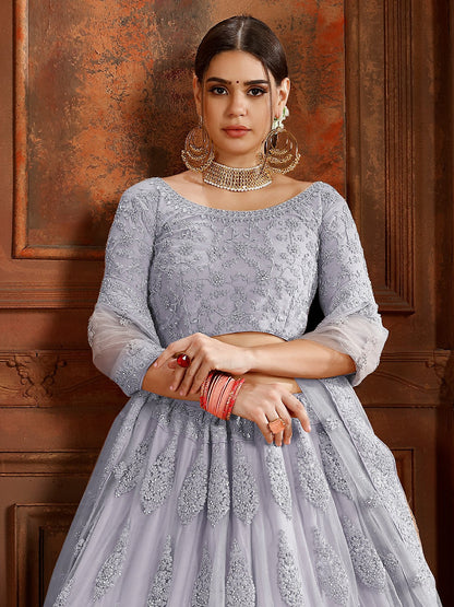 Odette Grey Embroidered Soft Net Semi Stitched Lehenga With Blouse For Women