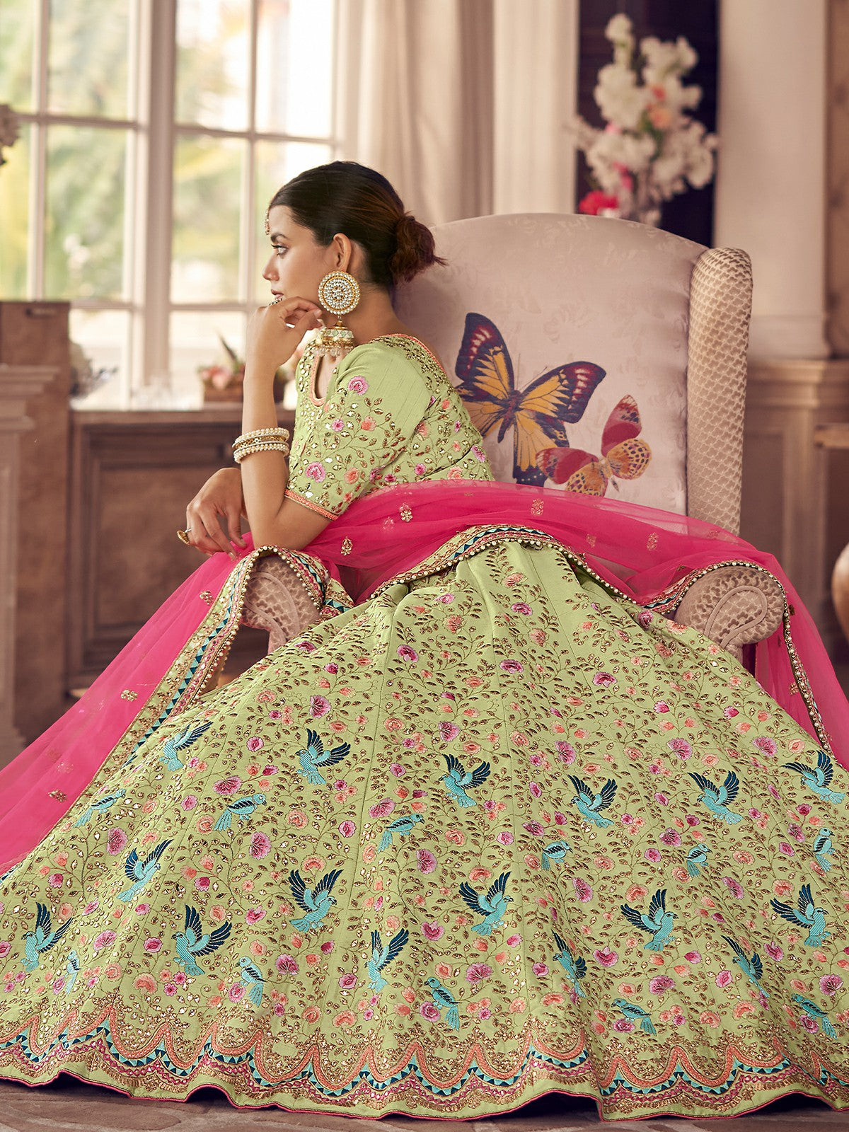 Odette Olive Embroidered Art Silk Semi Stitched Lehenga With Blouse For Women