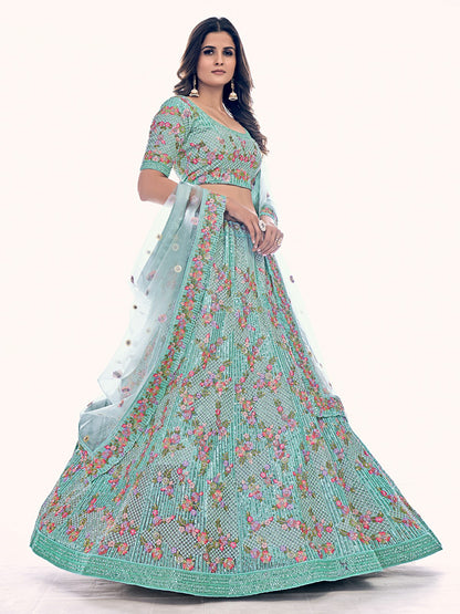 Odette Sea Green Embroidered Soft Net Semi Stitched Lehenga With Blouse For Women