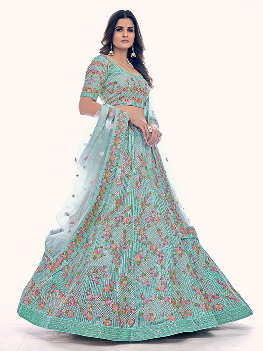 Odette Sea Green Embroidered Soft Net Semi Stitched Lehenga With Blouse For Women