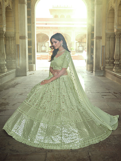 Odette Olive Embellished Georgette Semi Stitched Lehenga With Blouse For Women