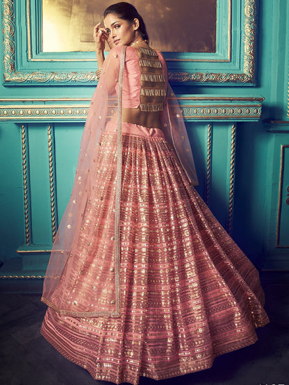Odette Peach Embellished Soft Net Semi Stitched Lehenga With Blouse For Women