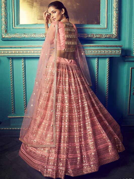 Odette Peach Embellished Soft Net Semi Stitched Lehenga With Blouse For Women