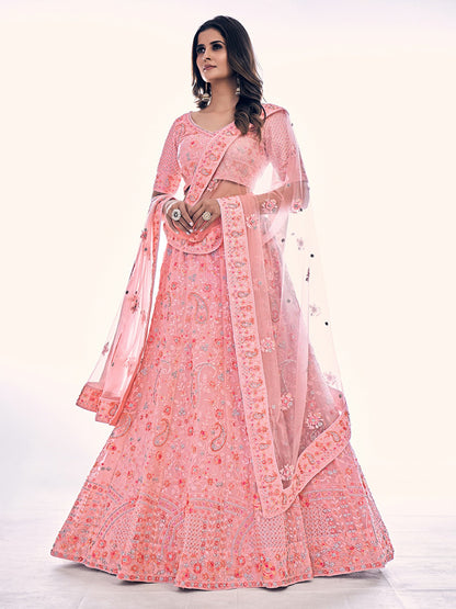 Odette Pink Embroidered Soft Net Semi Stitched Lehenga With Blouse For Women