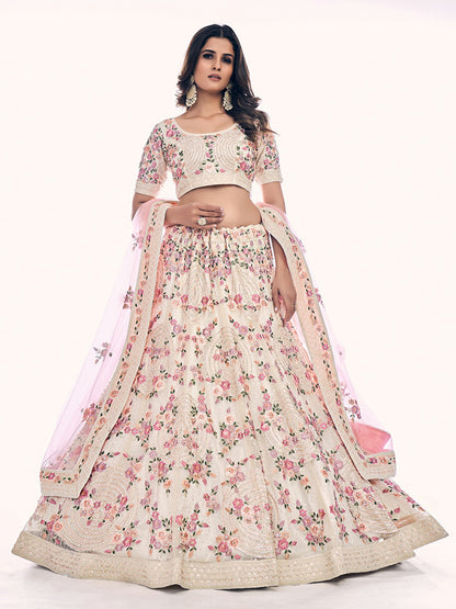 Odette Off White Embroidered Soft Net Semi Stitched Lehenga With Blouse For Women