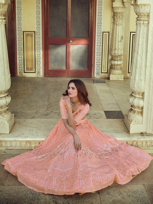Odette Peach Embellished Georgette Semi Stitched Lehenga With Blouse For Women