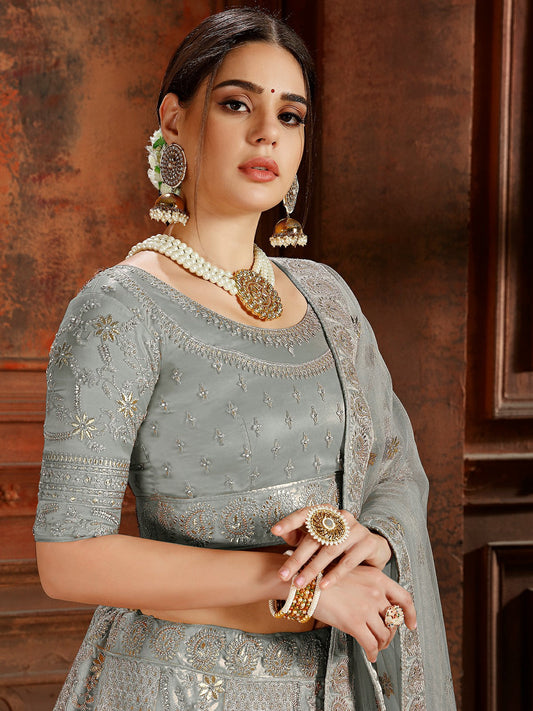 Odette Grey Embroidered Soft Net Semi Stitched Lehenga With Blouse For Women