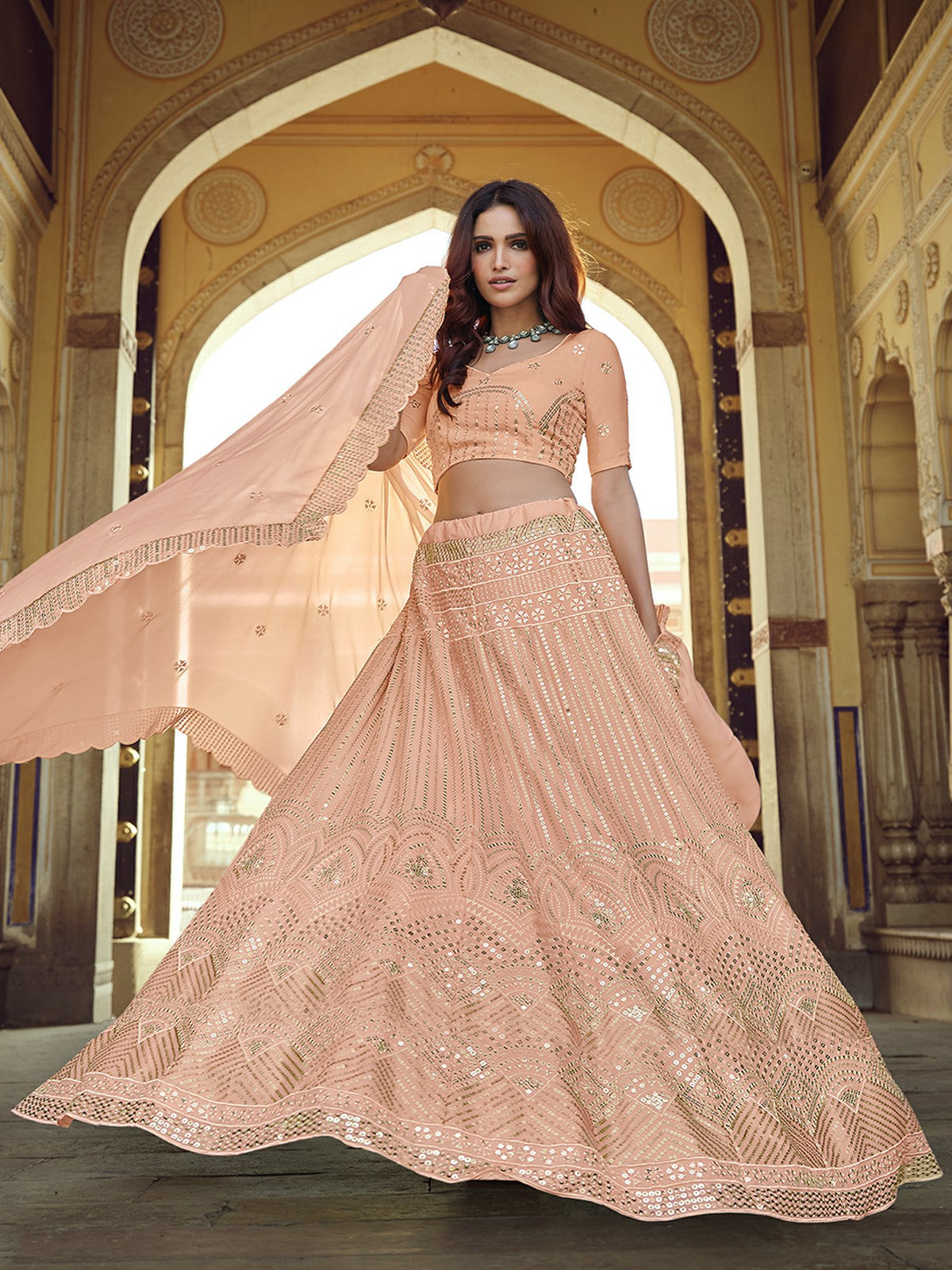 Odette Peach Embellished Georgette Semi Stitched Lehenga With Blouse For Women