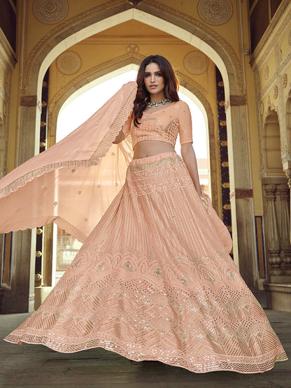 Odette Peach Embellished Georgette Semi Stitched Lehenga With Blouse For Women