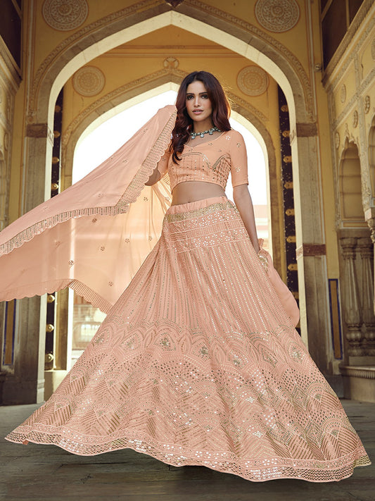Odette Peach Embellished Georgette Semi Stitched Lehenga With Blouse For Women