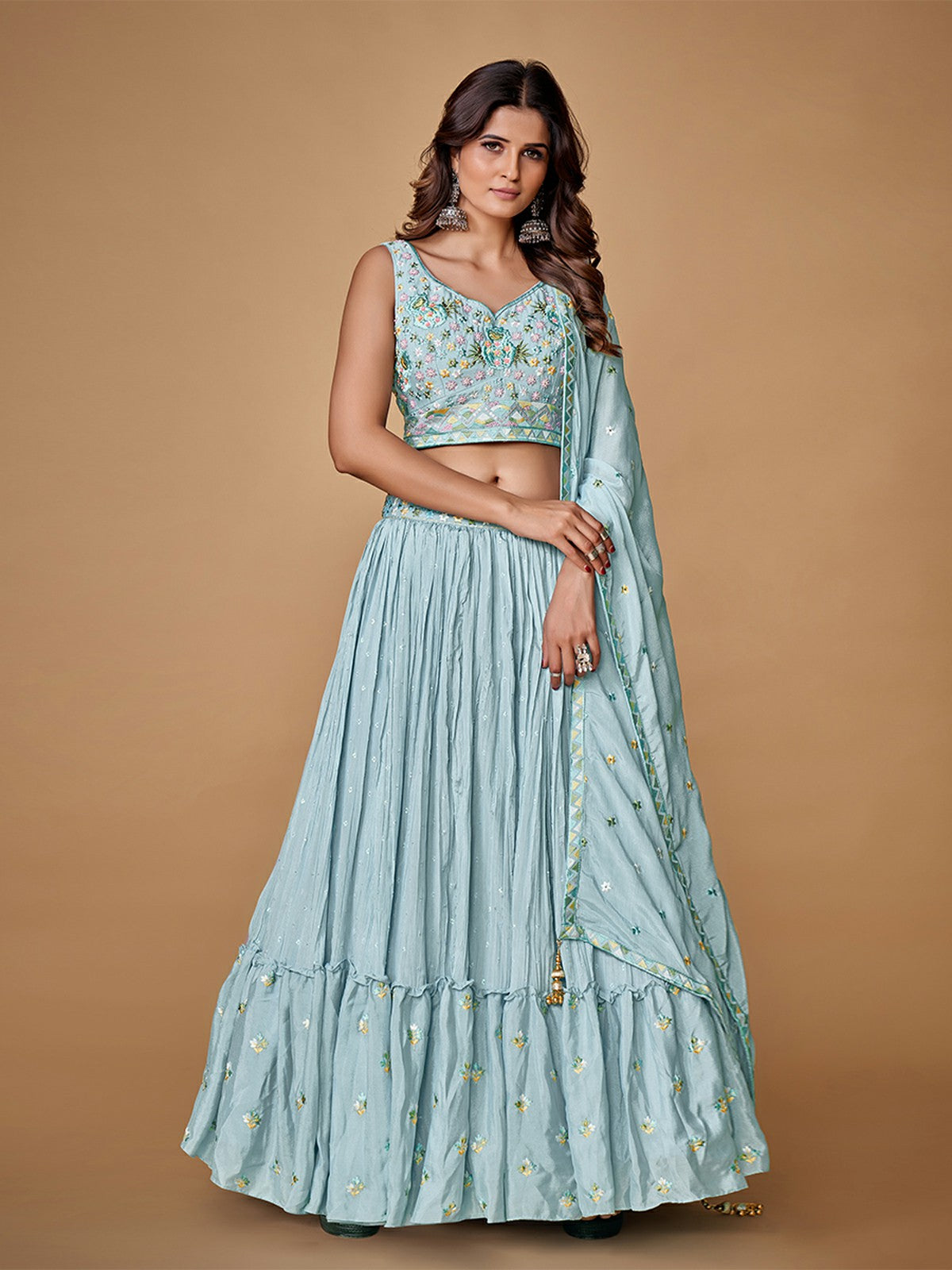 Odette Blue Embroidered Chiffon Stitched Lehenga With Blouse For Women