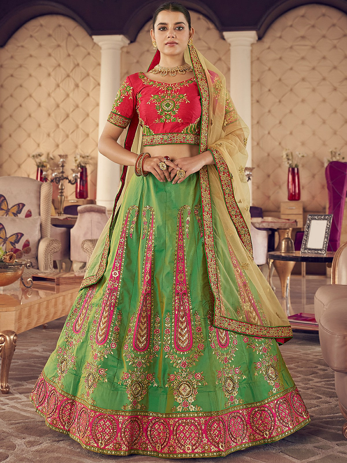 Odette Green Embroidered Art Silk Semi Stitched Lehenga With Blouse For Women