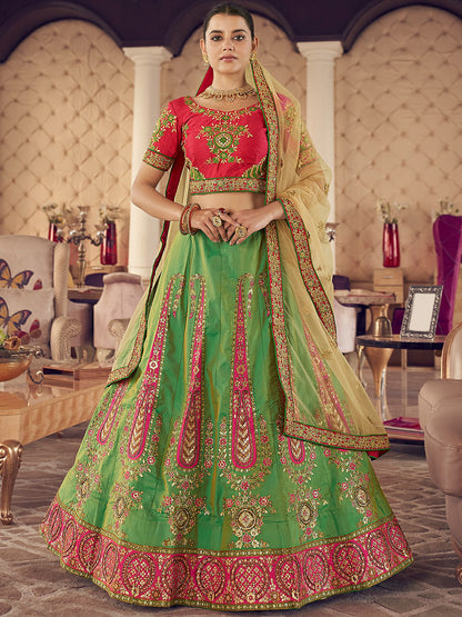 Odette Green Embroidered Art Silk Semi Stitched Lehenga With Blouse For Women