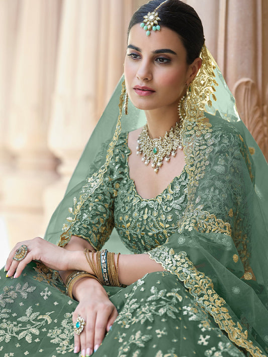 Odette Green Embroidered Soft Net Semi Stitched Lehenga With Blouse For Women