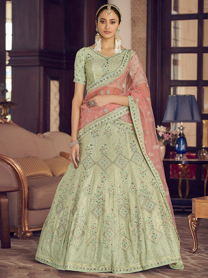 Odette Olive Embroidered Crepe Semi Stitched Lehenga With Blouse For Women
