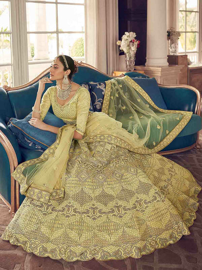 Odette Yellow Embroidered Crepe Semi Stitched Lehenga With Blouse For Women