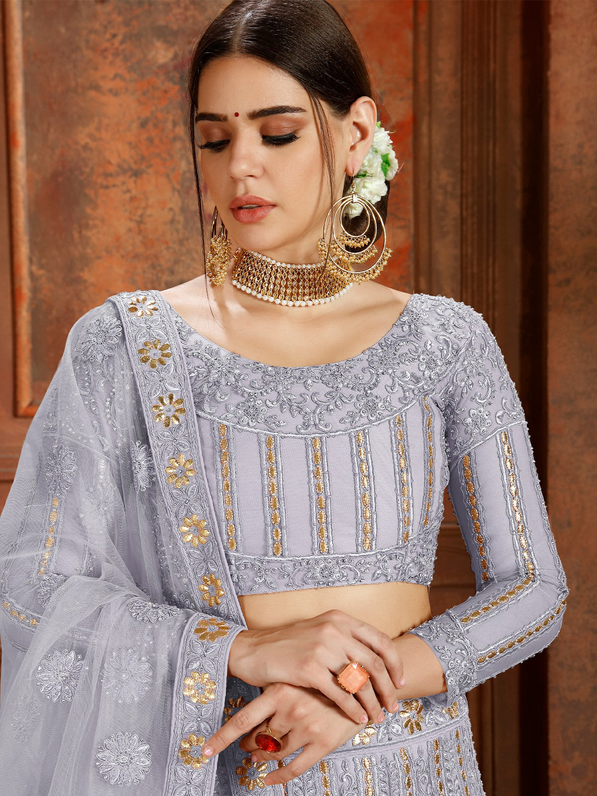 Odette Grey Embroidered Soft Net Semi Stitched Lehenga With Blouse For Women