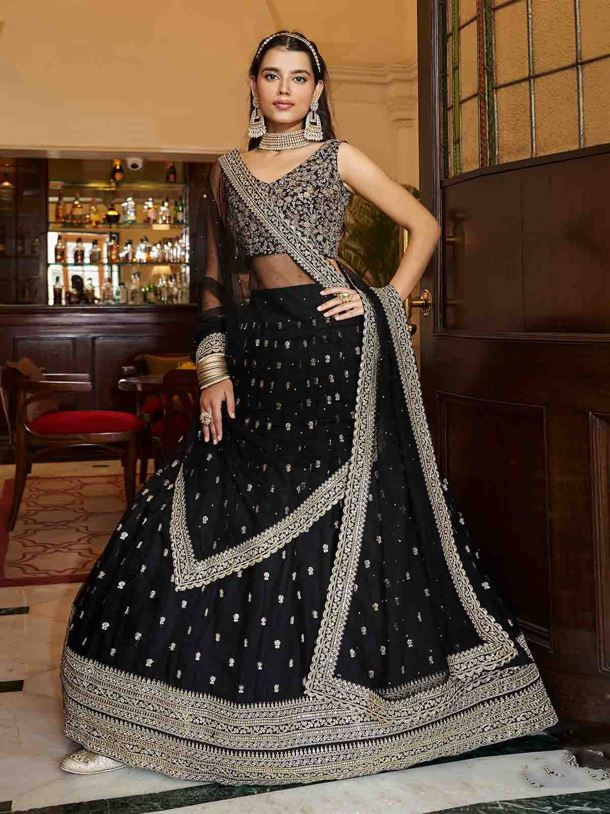 Odette Black Embroidered Soft Net Semi Stitched Lehenga With Blouse For Women