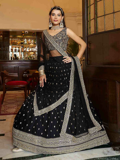 Odette Black Embroidered Soft Net Semi Stitched Lehenga With Blouse For Women