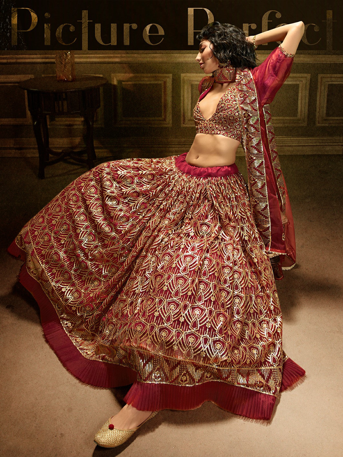 Odette Maroon Embellished Soft Net Semi Stitched Lehenga With Blouse For Women
