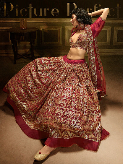Odette Maroon Embellished Soft Net Semi Stitched Lehenga With Blouse For Women