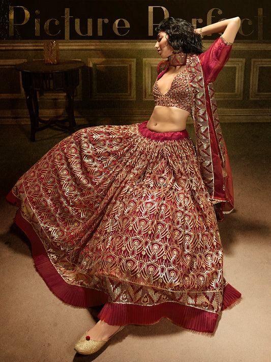 Odette Maroon Embellished Soft Net Semi Stitched Lehenga With Blouse For Women