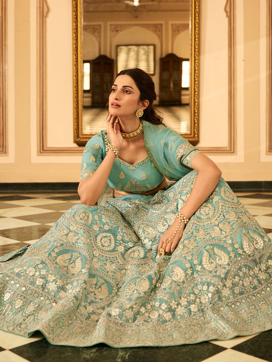 Odette Sea Green Embroidered Organza Semi Stitched Lehenga With Blouse For Women