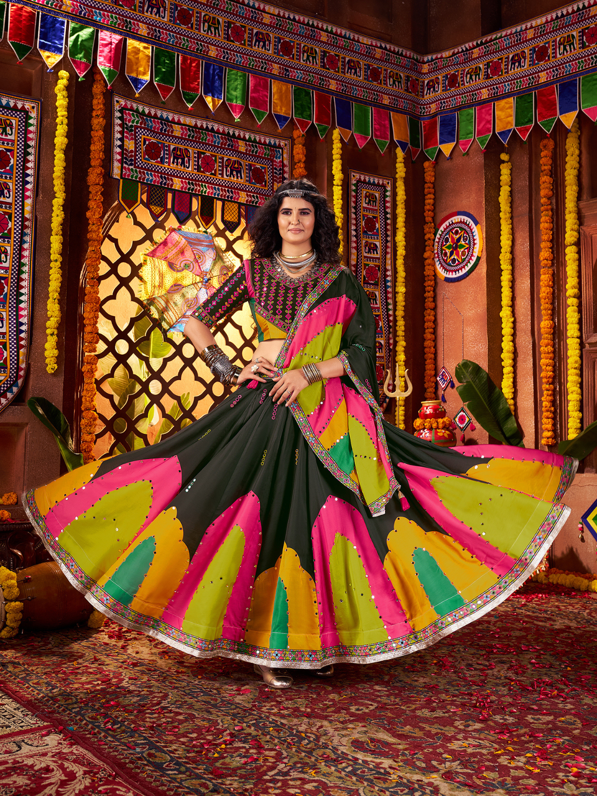 Odette Black Silk Blend Printed Semi-Stitched Lehenga For Women