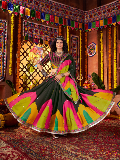 Odette Black Silk Blend Printed Semi-Stitched Lehenga For Women