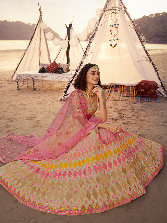 Odette Beige Embroidered Organza Semi Stitched Lehenga With Blouse For Women