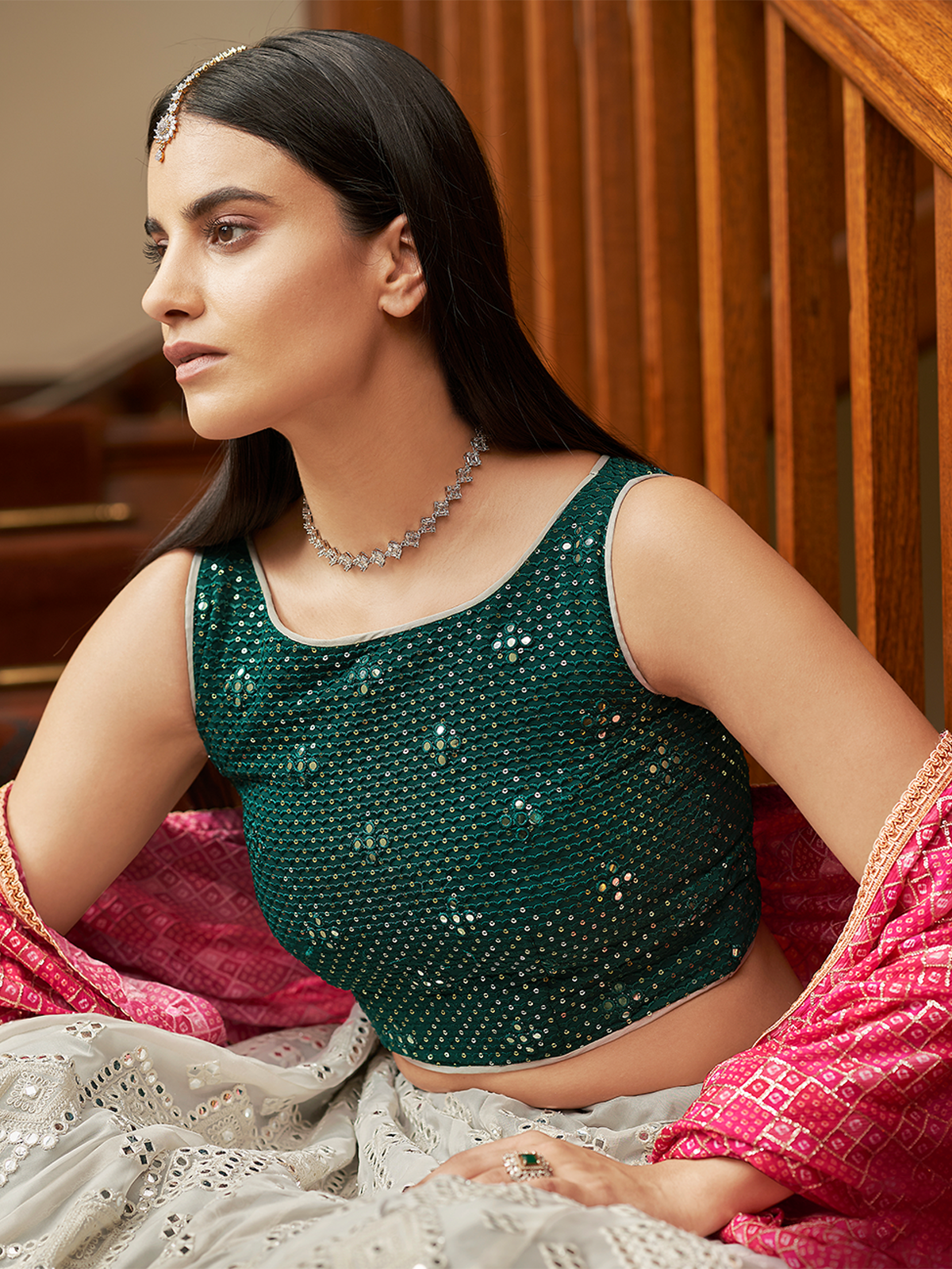 Odette Women White Georgette Semi Stitched Lehenga With Unstitched Blouse