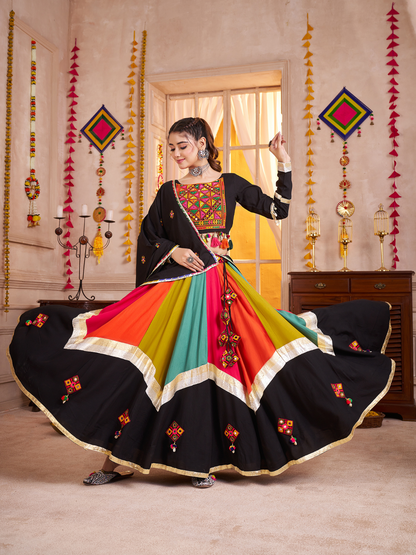 Odette Multicolor Viscose Cotton Embroidered Semi-Stitched Lehenga Choli For Women