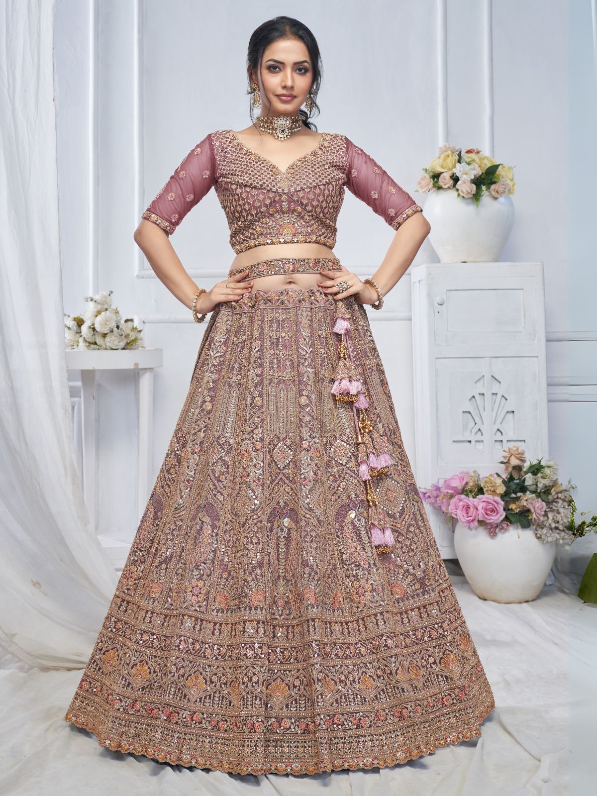 Odette Mauve Soft Net Embroidered Semi-Stitched Lehenga With Unstitched Blouse For Women