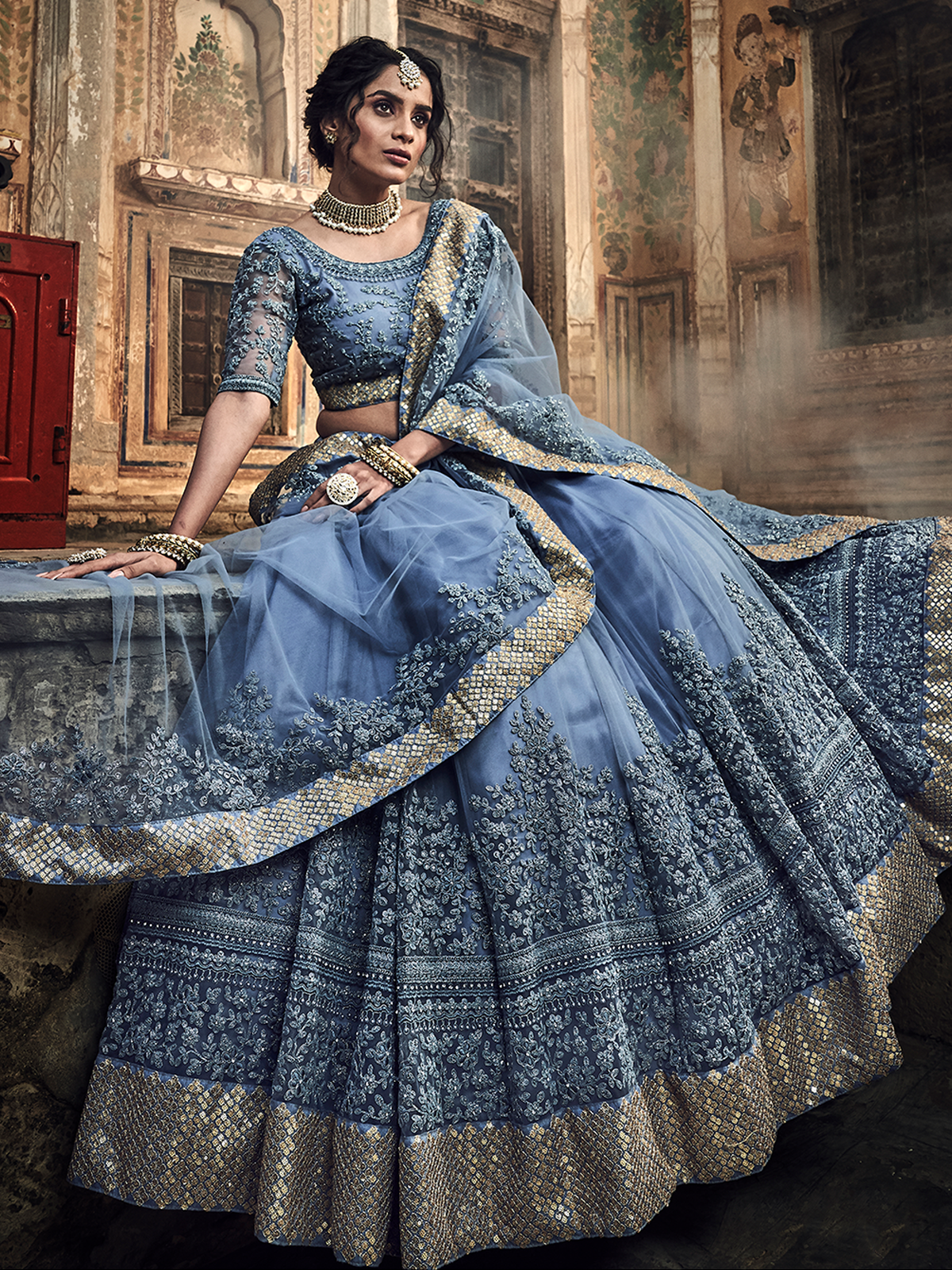 Odette Women Grey Embroidered Soft Net Semi Stitched Lehenga With Unstitched Blouse