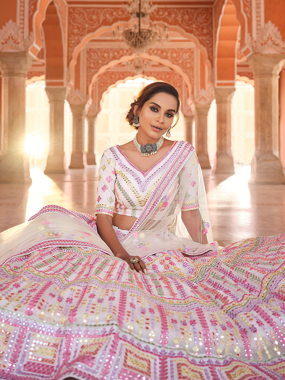 Odette Women White Embroidered Organza Semi Stitched Lehenga With Unstitched Blouse