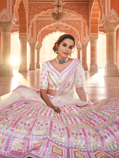 Odette Women White Embroidered Organza Semi Stitched Lehenga With Unstitched Blouse