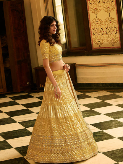 Odette Mustard Embroidered Organza Semi Stitched Lehenga With Blouse For Women