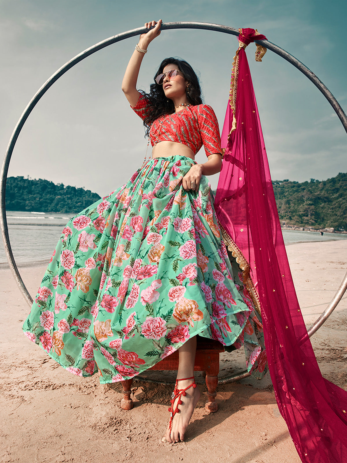 Odette Sea Green Printed Organza Semi Stitched Lehenga With Blouse For Women