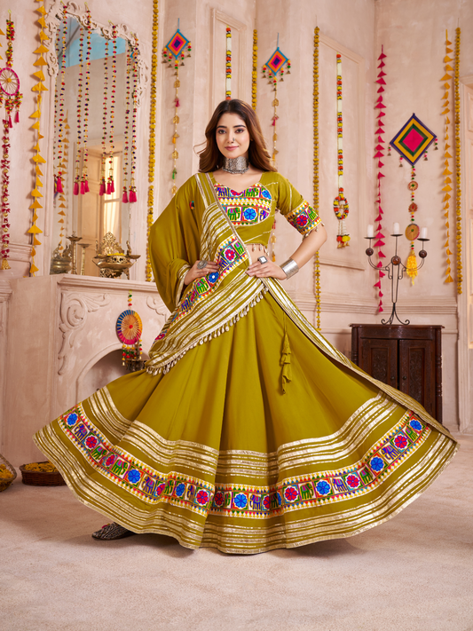 Odette Green Viscose Cotton Embroidered Semi-Stitched Lehenga Choli For Women