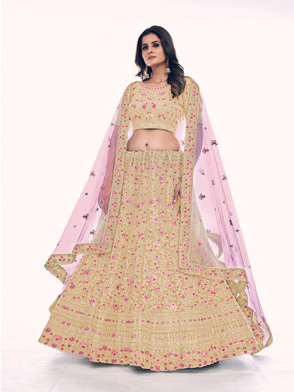 Odette Cream Embroidered Silk Blend Semi Stitched Lehenga With Blouse For Women