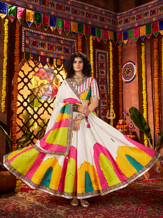 Odette White Silk Blend Printed Semi-Stitched Lehenga For Women
